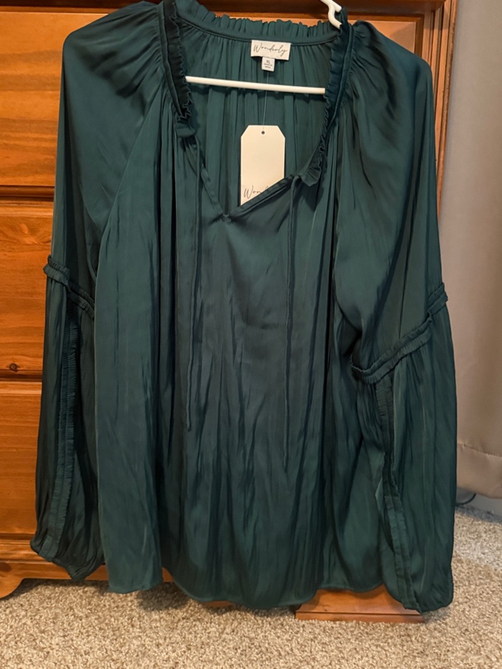 Wonderly Teal V-Neck Peasant Blouse with Ruffle Trim